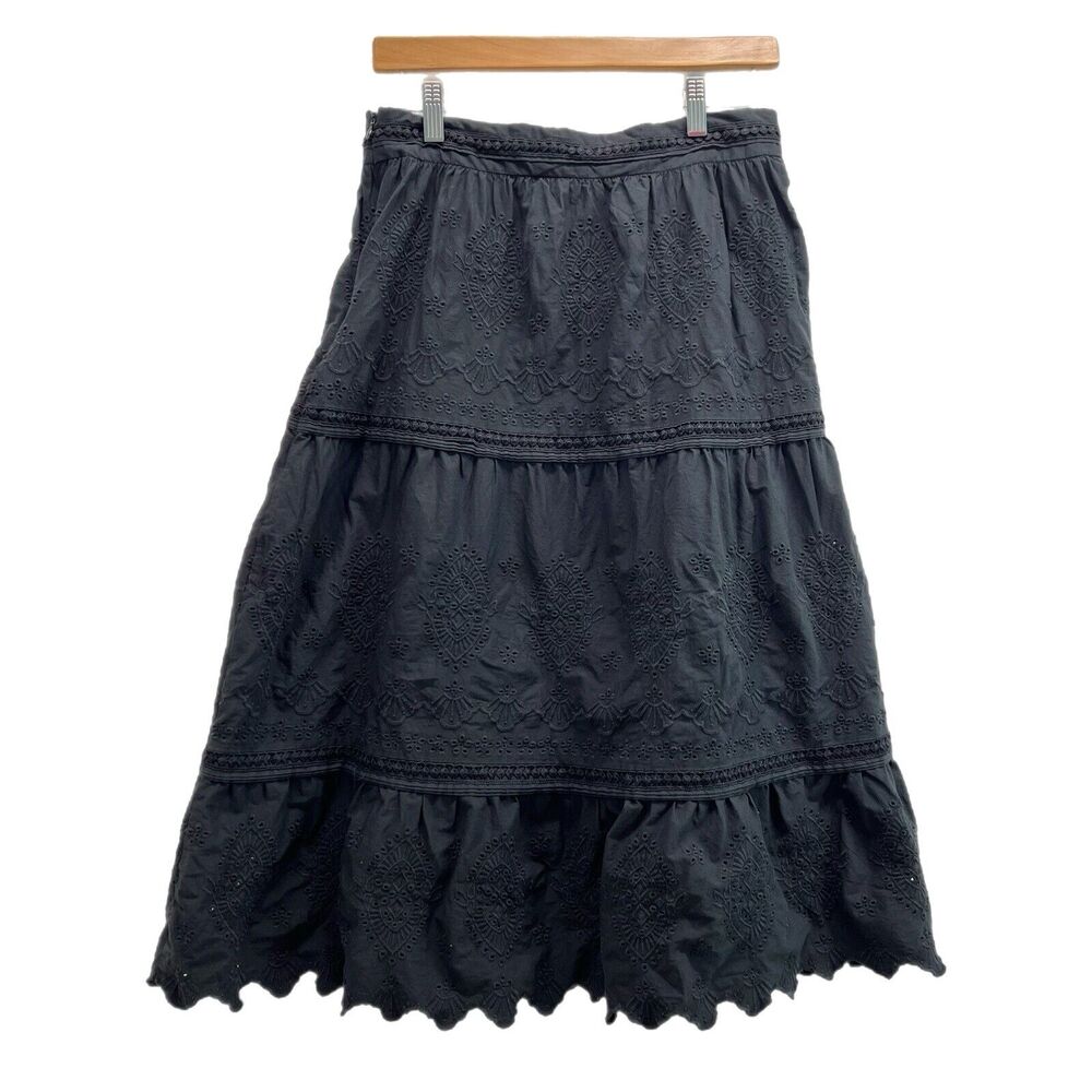 JASON WU Black Eyelet Crochet Embroidered Tiered Midi Skirt Medium Stretch